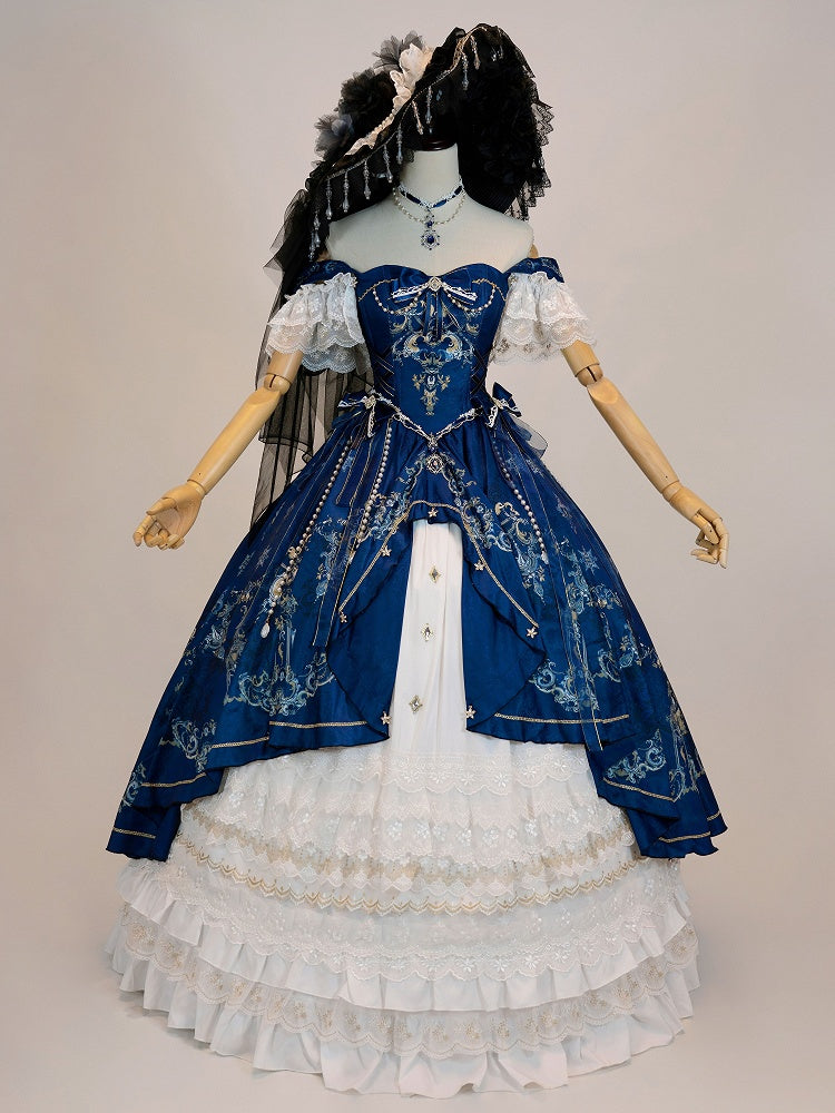 Dark Blue and White Gorgeous Train Dress Lolita Jumper Skirt