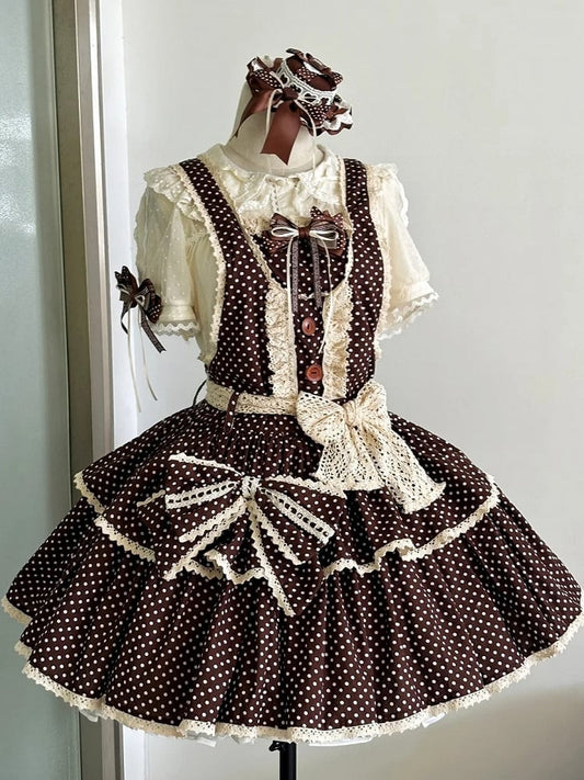 School Lolita Chocolate Polka-dot Pattern Dress Brown Overall Old
