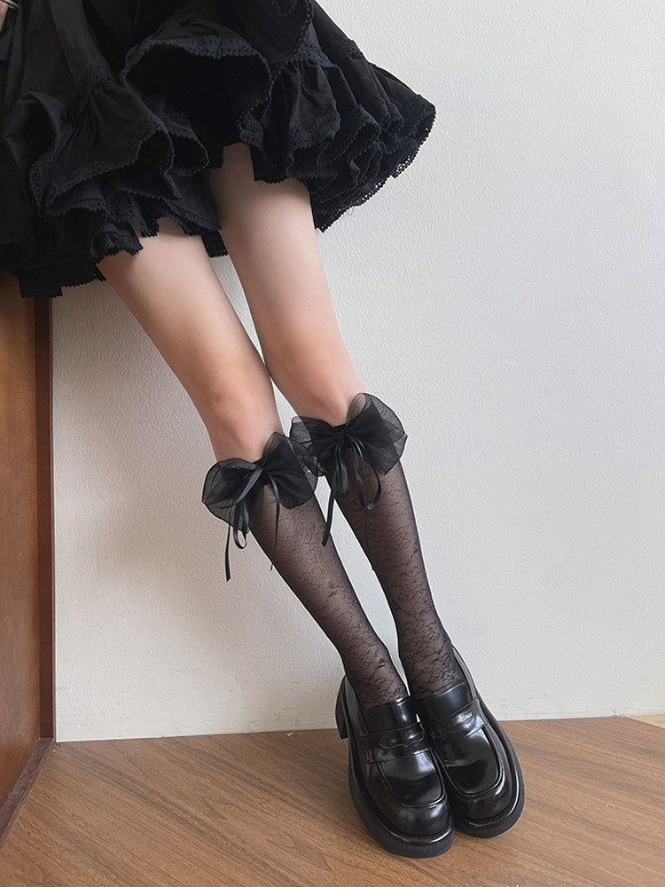 Underknee Stockings Design Black/White Bowknot