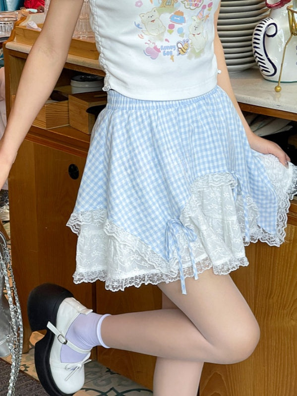 Contrast Lace Patches Blue Plaid Elastic Waist Bowknot Details Skirt