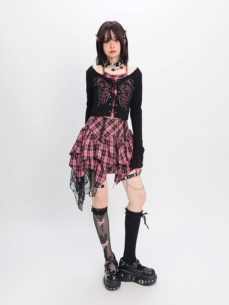 Top Faux Y2K Lace-up Front Butterfly Print Black Pink Plaid Two-pieces and