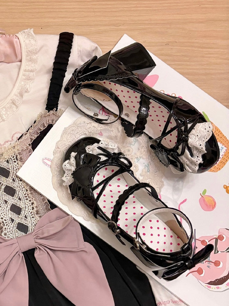 Jane Lace-Trim Polished Lolita with Heel Buckles Mid Bow Mary Sweet Heels Black Top - Heart