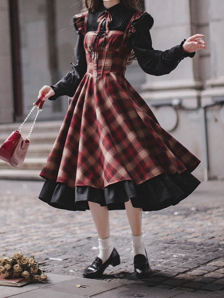 Pattern Plaid Waist Dress Red Basque