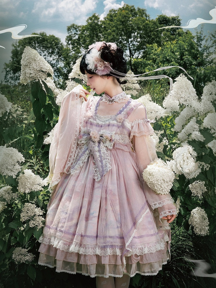 Han Bow Lolita Piece Long Pink-Purple Semi-sheer Print Sleeves Big Dress Whale Wide One
