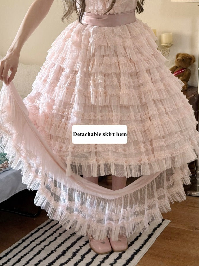 Mesh Set Pink Vest Cotton Lolita Belt Elegant Dotted Waist - Multi-layered Tulle Skirt Classic +