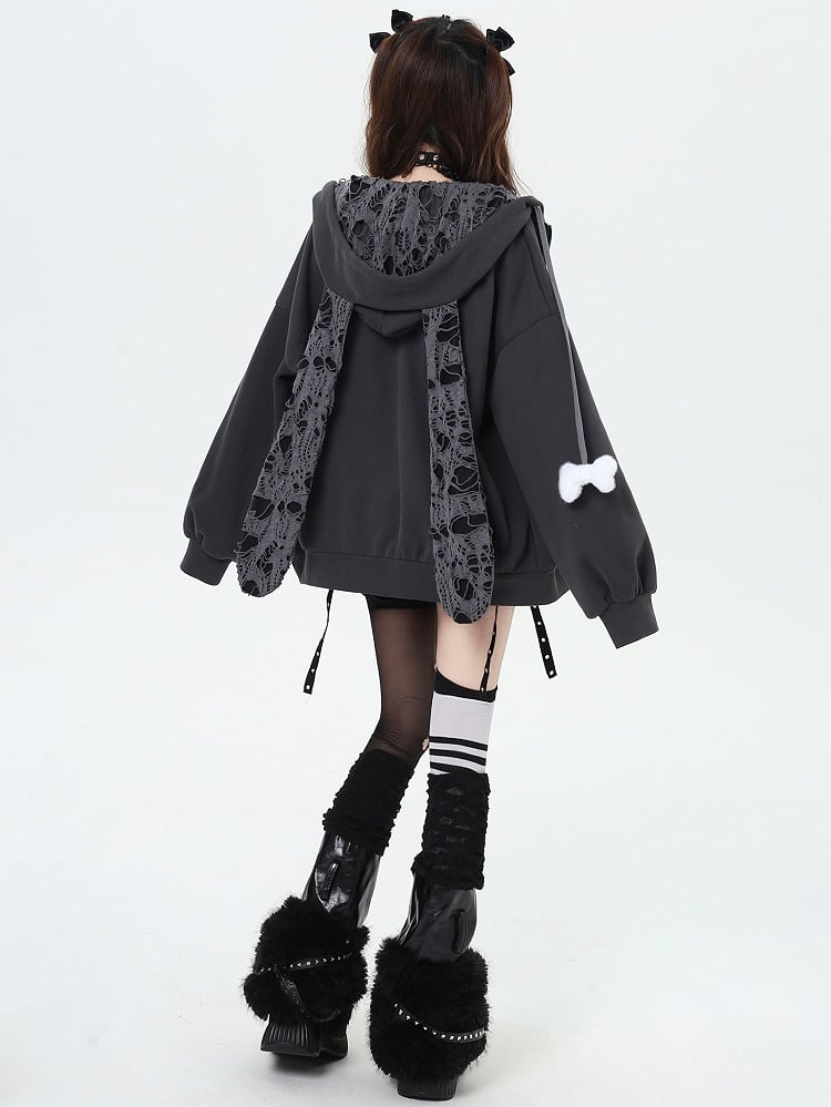 Y2K Skelett Print Hasenohren Kapuze Punk Zip Hoodie