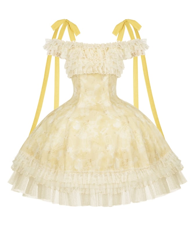 Yellow Neckline Dress Light Print Versatile Floral Lolita and Butterfly