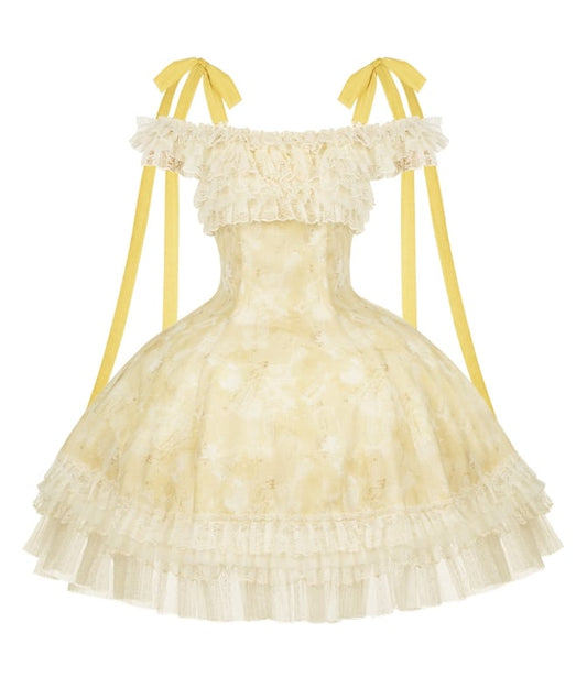 Yellow Neckline Dress Light Print Versatile Floral Lolita and Butterfly