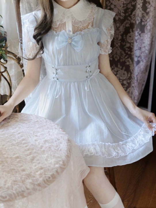 Collar Lace-up Waist Pan Jirai Kei Dress Light Blue Illusion Neckline Peter