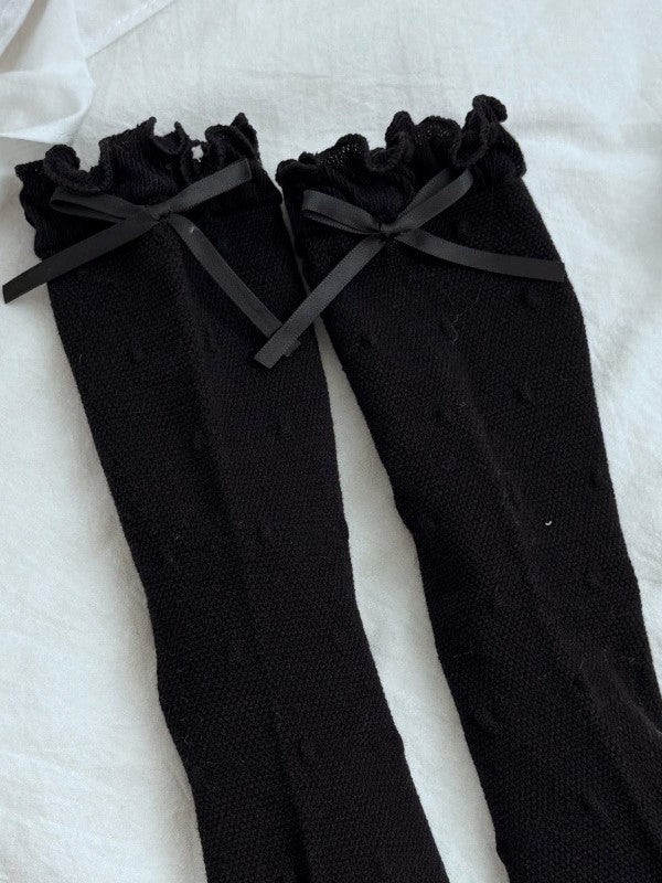 Pattern Polka-dot Bowknot Details Calf Cuffs Socks Ruffled White/Black/Pink/Blue/Yellow
