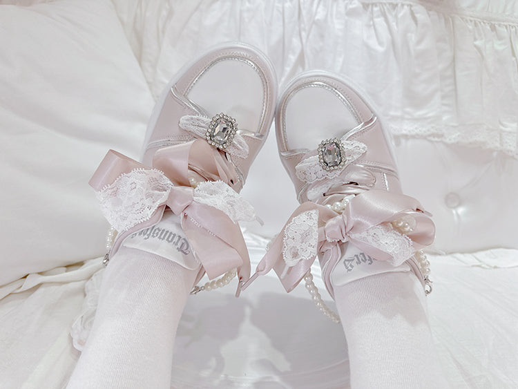Chaussures à plateforme Jirai Kei en strass roses avec chaîne de perles amovible