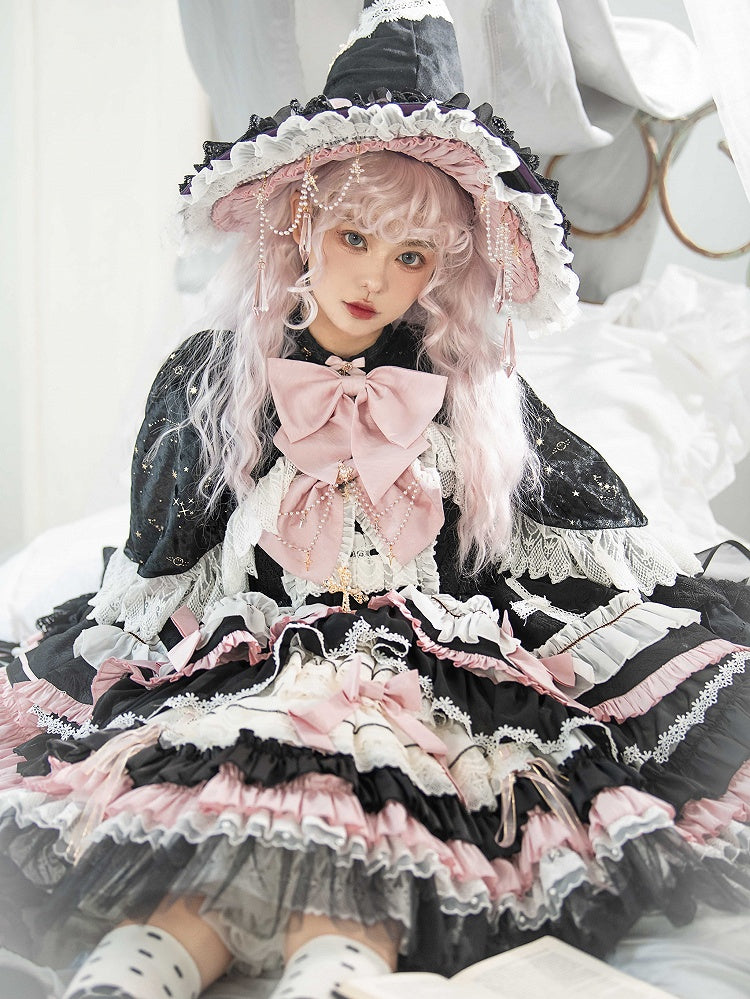 Black and Pink High Waist Sweet Witchy Dress Lolita Jumper Skirt Full Set