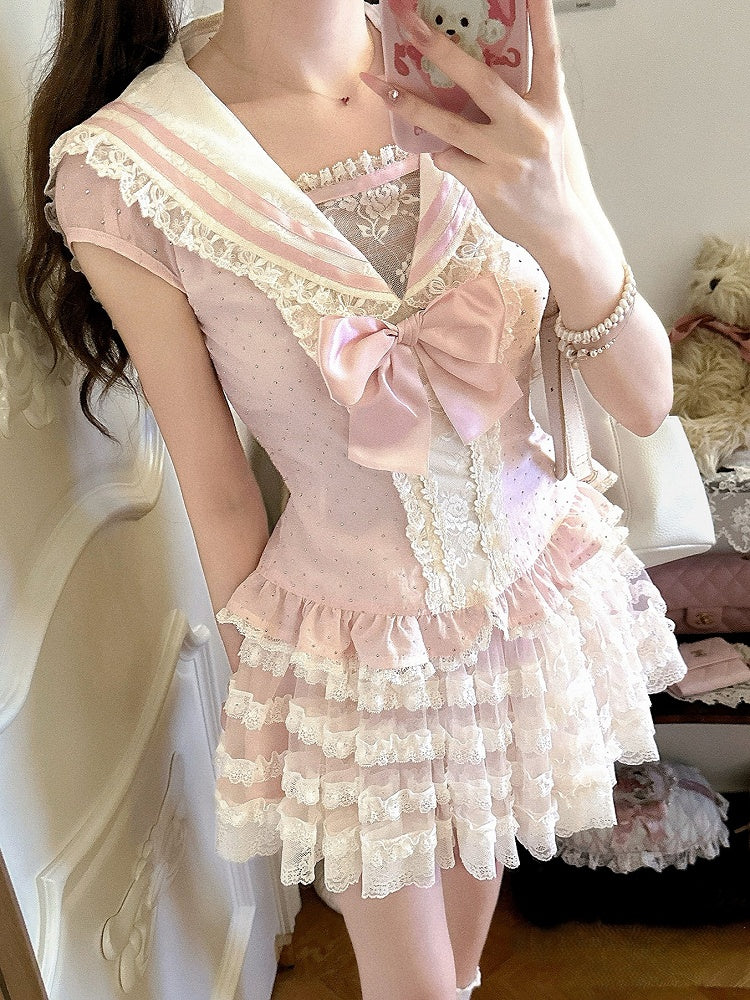 Pink Sailor Cap Collar Sleeves Chiffon Top With