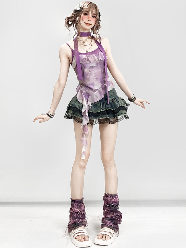 Purple Hem Asymmetrical Ruffles Top Design Dye + Tie Cami Scarf Y2K Trim