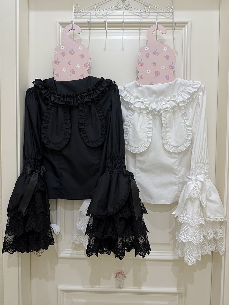 / Ears Collar Black Sleeves White Pink Bunny Long Shirt