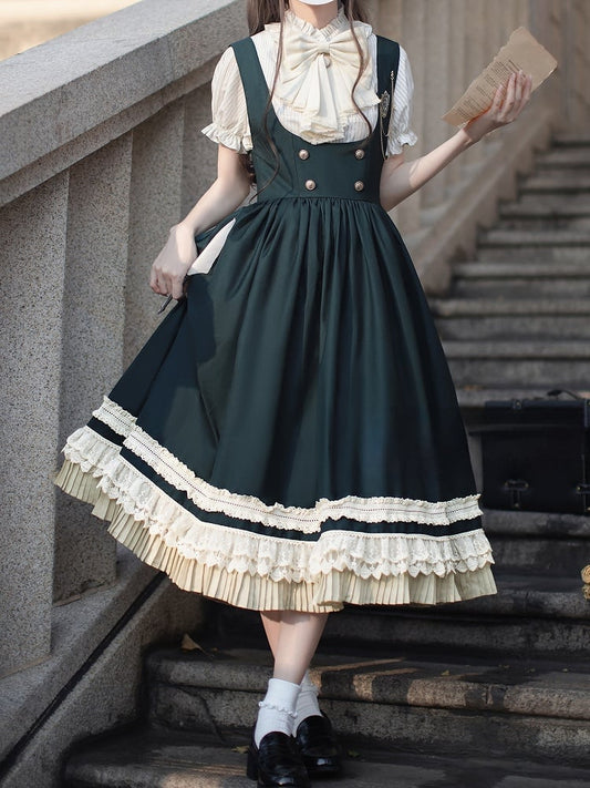 Green Overall Dress in High Waist Style Dark Preppy with Beige Lace Trim