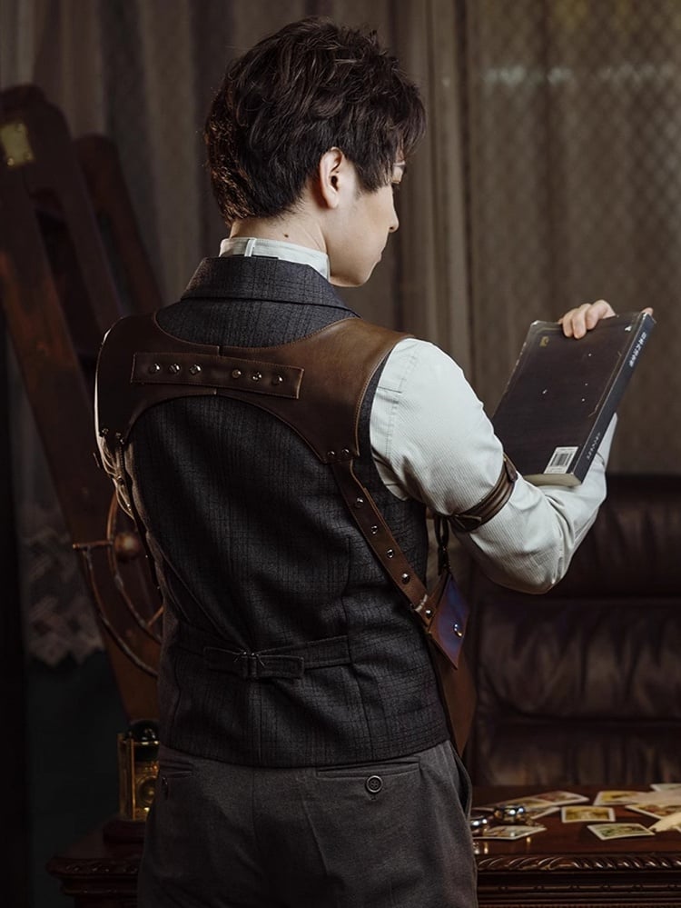 Plaid Dark Waistcoat Gray Steampunk
