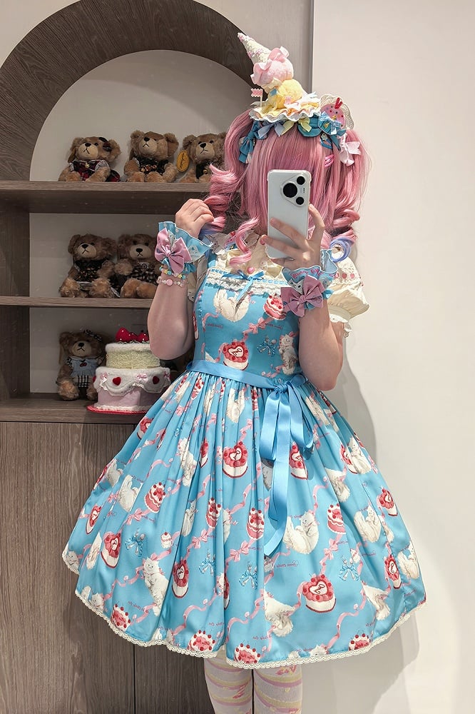 Dress Print Skirt Cute Lolita Jumper Showa Fluffy Kitty Blue Sweet