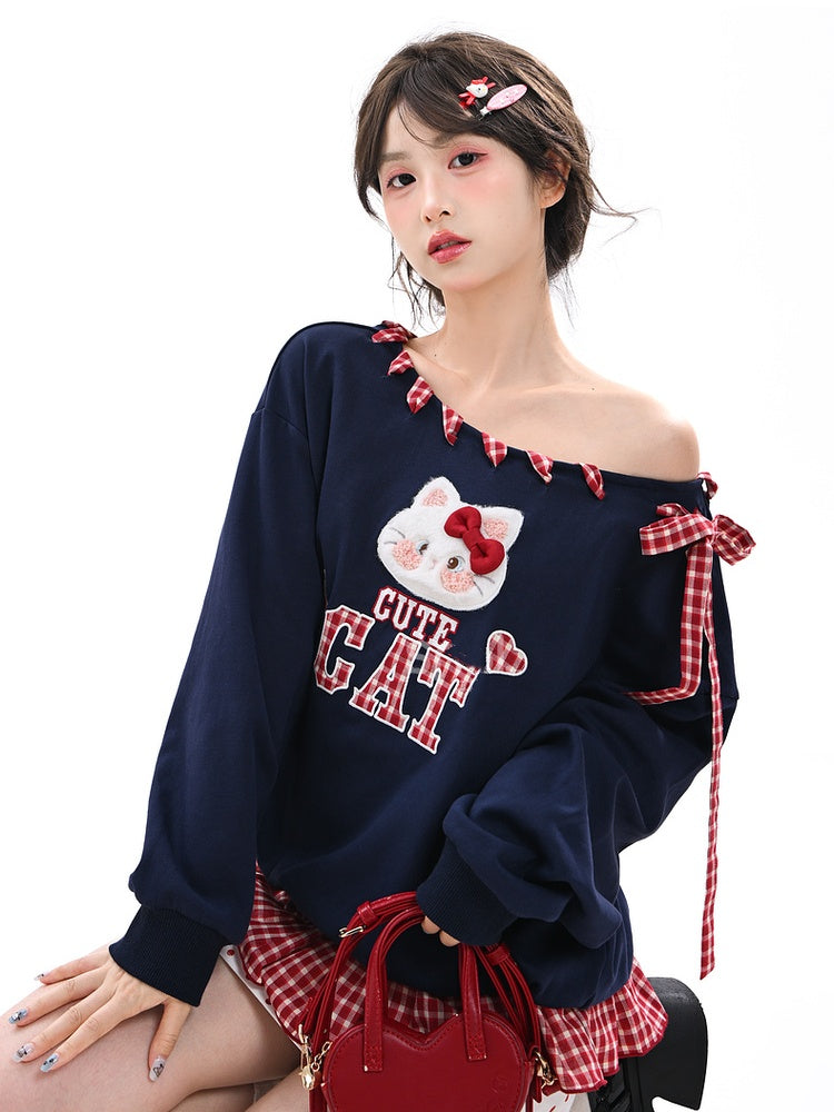 Red Asymmetrical Neckline Kitty Embroidery Applique Navy Plaid Self-tie Sweatshirt Straps at Blue