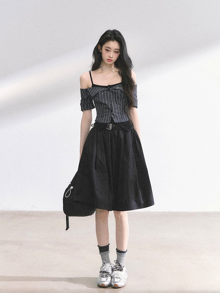 Two-pieces Off-the-shoulder Neckline Black and Gray Striped Top Faux