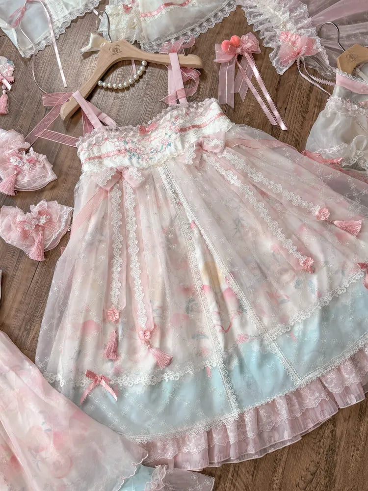 Peach and Peach Blossom Print Pink Empire Waist Han Lolita Dress