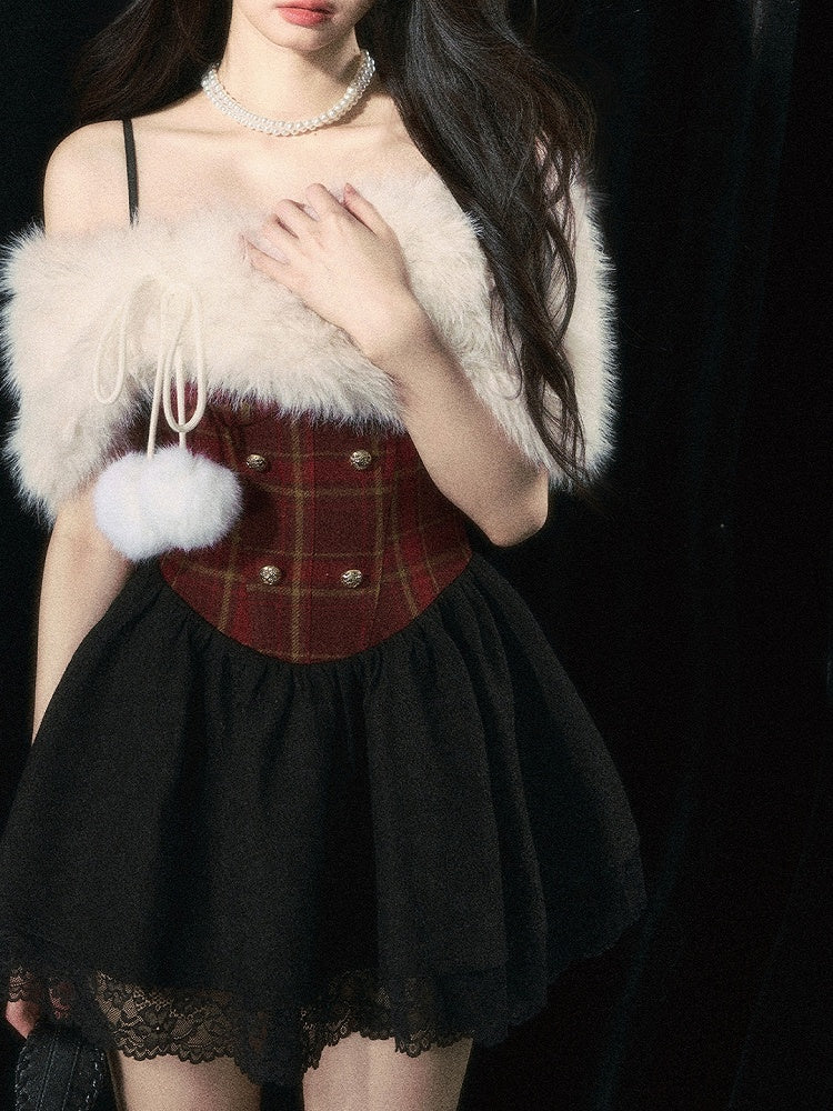 Christmas Red Floral Plaid Cami Dress with Plush Shawl Set