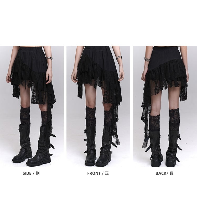 Patchwork Black Lace Cascading Ruffles Skirt