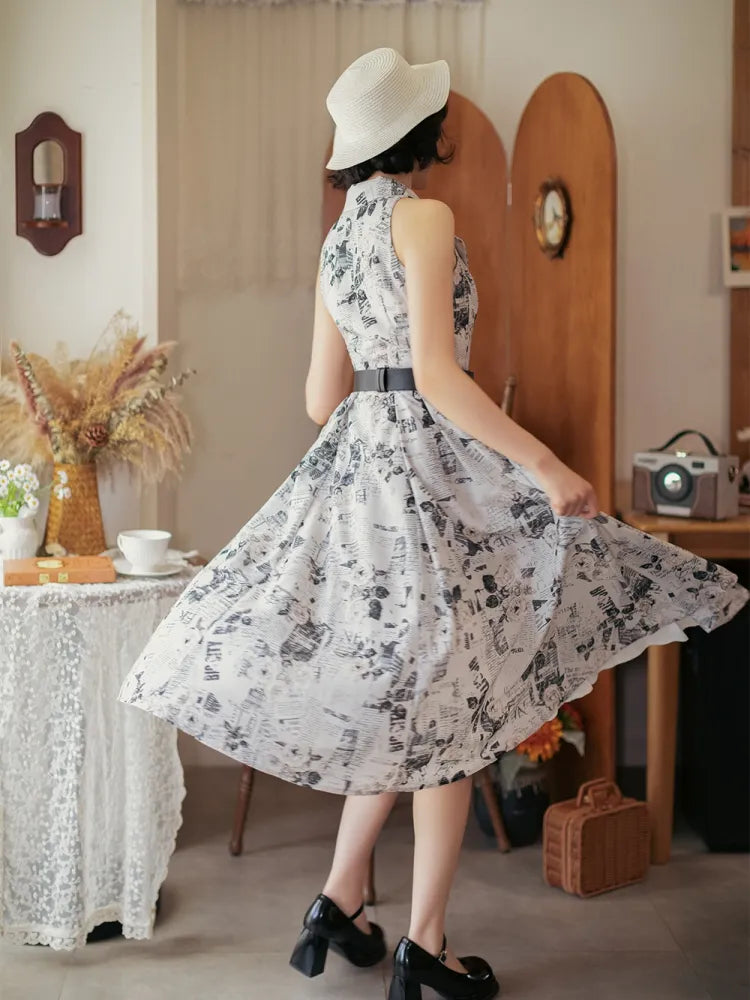 Blazer Collar 1950s Retro Dress Summer Fashion Print Newspaper