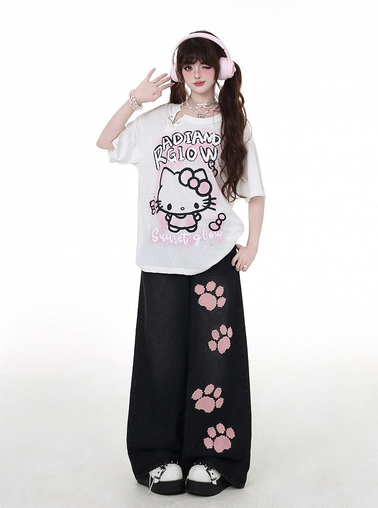 Waist Straight-Leg Jeans Pink Paw Embroidery Black Low