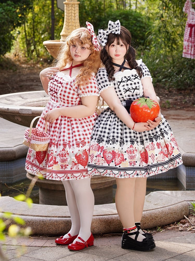 Black Strawberry Print Plus Lolita Gingham and Dress Bow Size