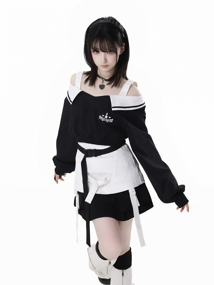 Wasteland Black V-Neck Futuristic Techwear Cropped Sweatshirt Punk