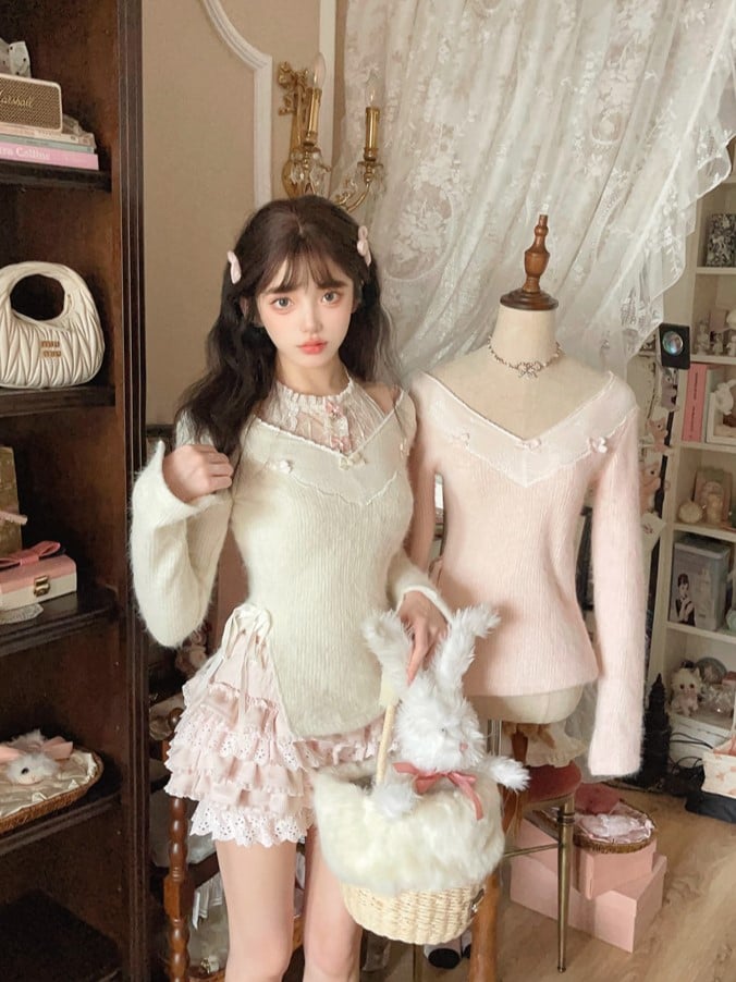 Sweater With Bow Accents and Playful Ribbon Detail White Lace-Trimmed V-Neck Knit