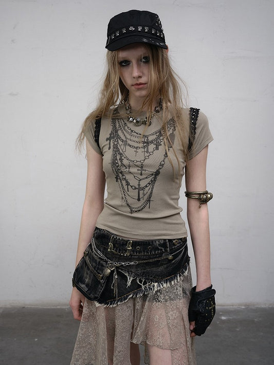 T-shirt Greyish with Cross Print Black Accents Punk Necklace Reversible Green Lace