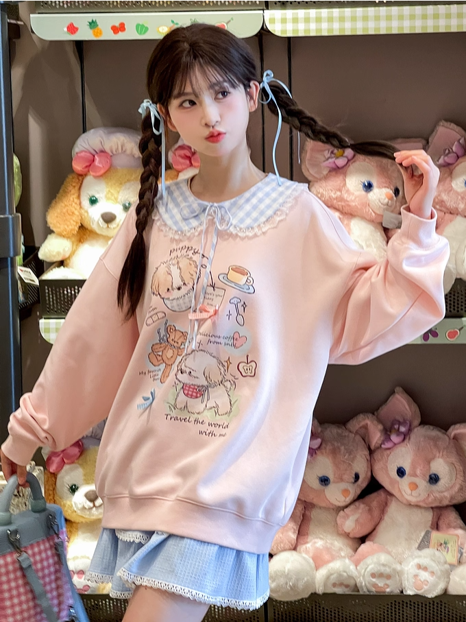 Adorable Cartoon Puppy Print Pink Round Loose Neck Sweatshirt