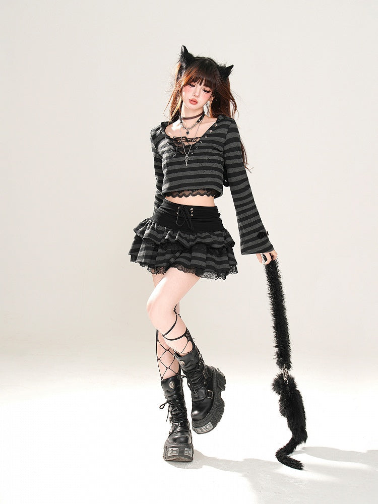 Glamorous Tiered Skirt Black Striped Lace Trim Lace-up Waist