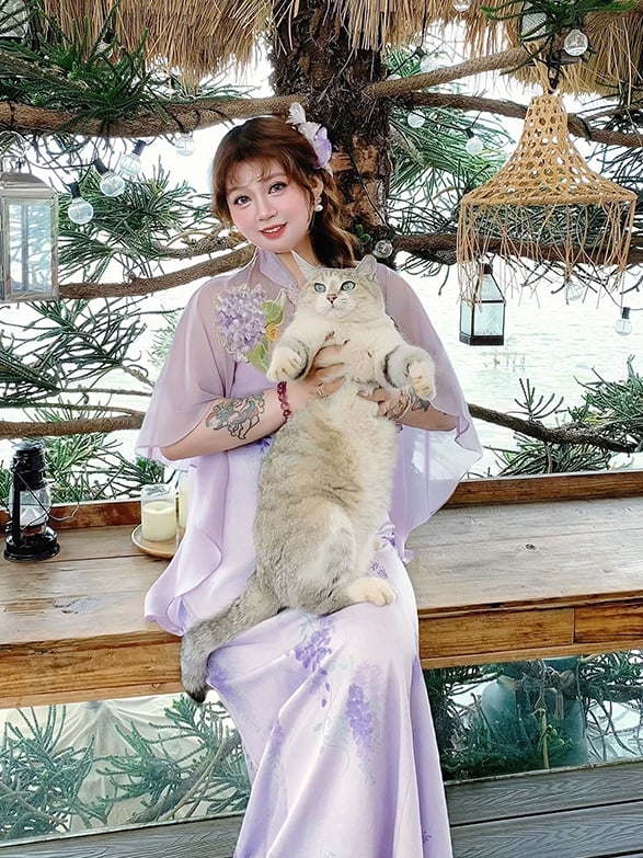 Qipao Design Dress Plus Size Cheongsam Style Purple Print Cape Wisteria