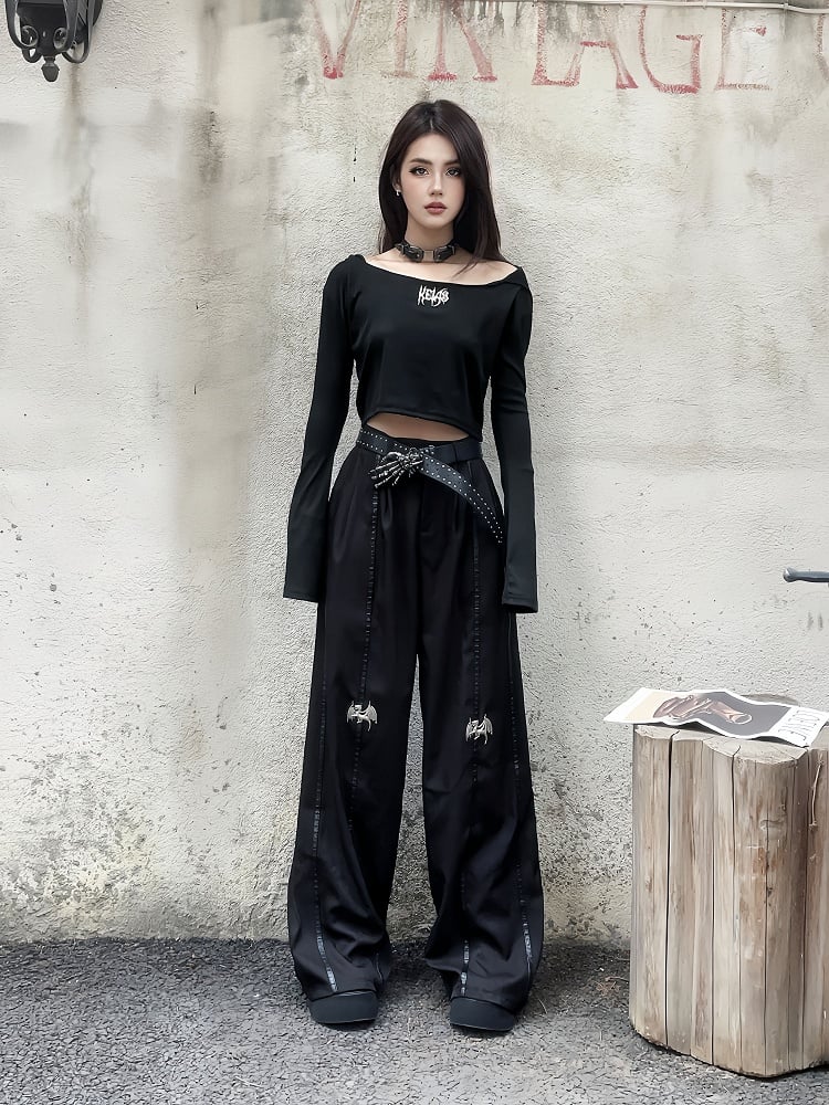 Length Floor Black Metal Dragon Knee Wide-Leg Pants