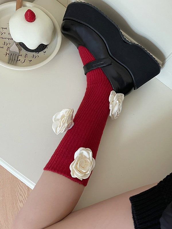 Red Sweet Calf Socks With White Camellias