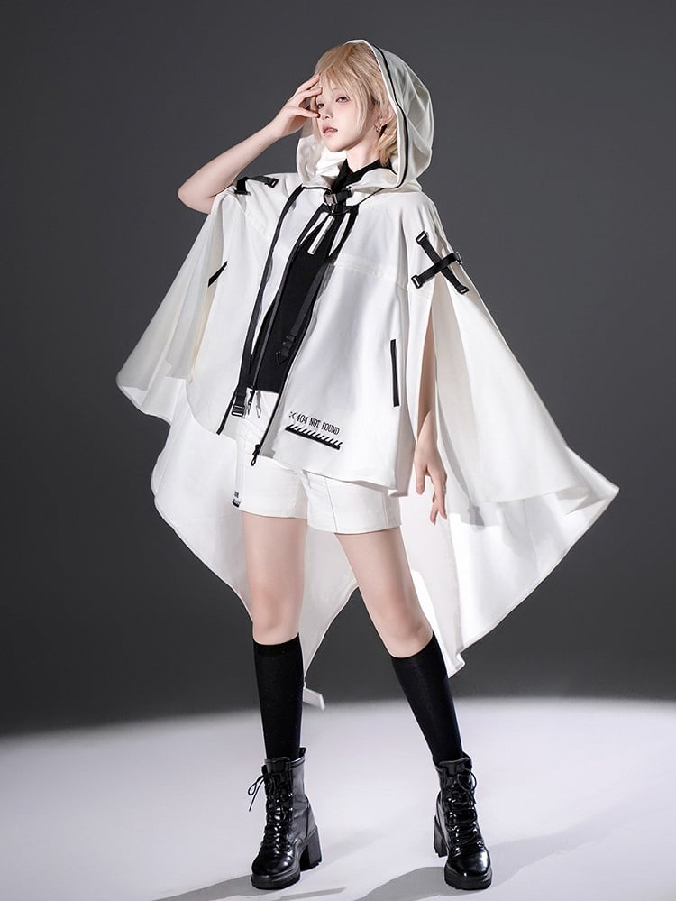 Cape Ouji and Cyberpunk High-low with White Lolita Hem Futuristic Buckle Straps Hooded