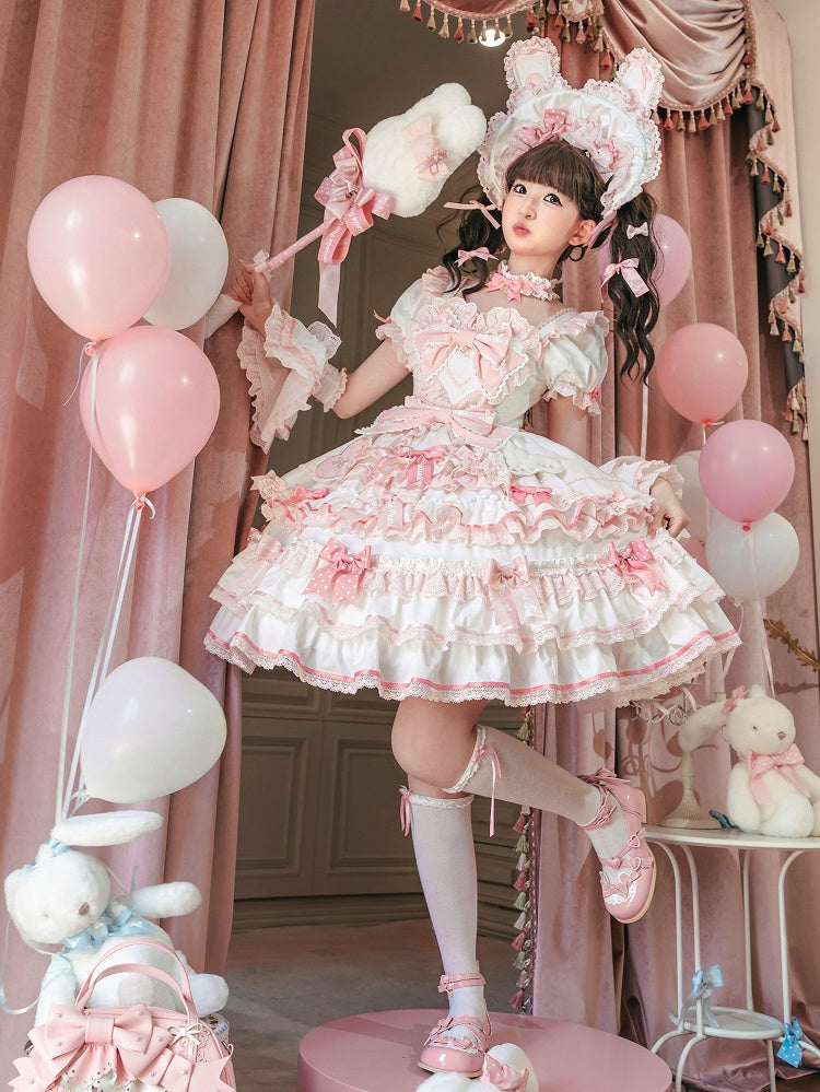 Ruffle One Piece Pink White Sweet Princess and Bow Dress Theme Lolita Bunny Accents