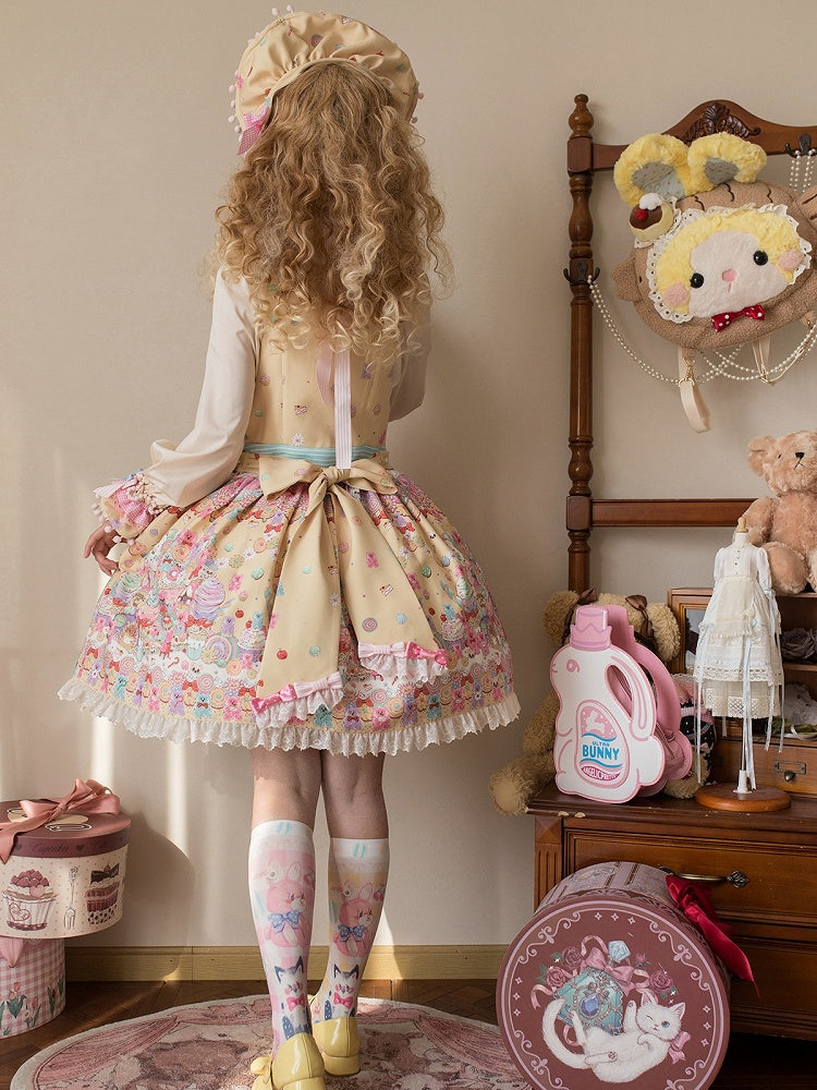 Desserts Gummy Sweet Dress Print and Overall Bear Yellow Lolita