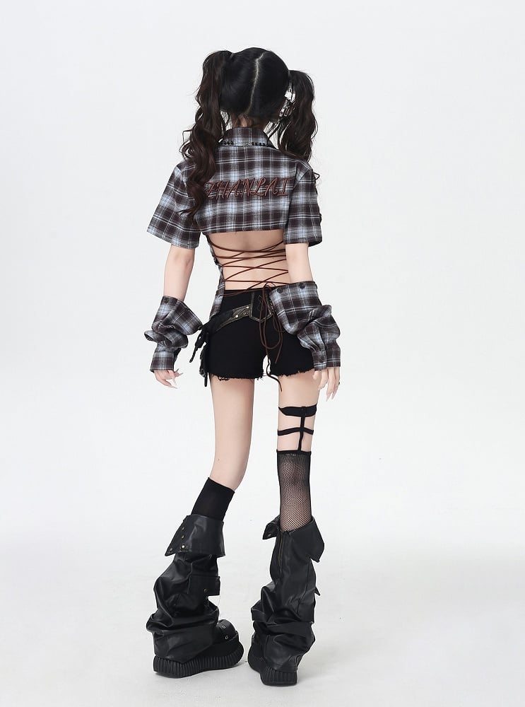 Detachable with Blue and Brown Plaid Lace-up Back Backless Shirt