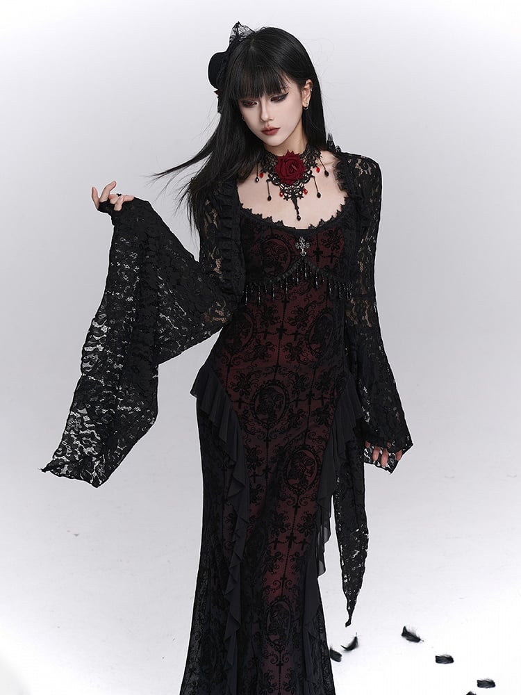 Black Shrug Embroidery Lace Crop Floral with Sleeves Bell Gothic Halloween