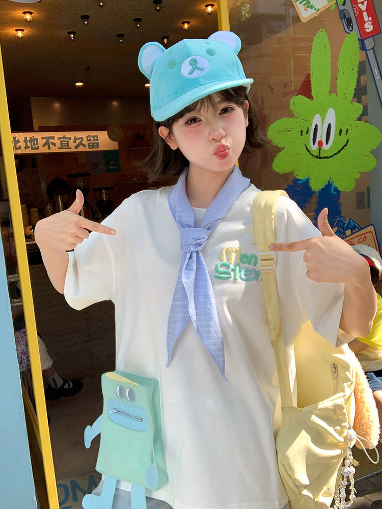 T-shirt Blue/Pink Neck Loose Cartoon Pocket White Round
