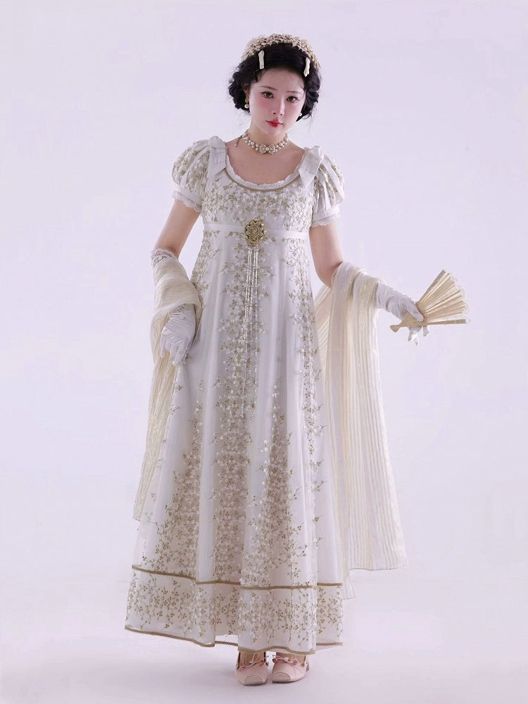 White Empire Waist Regency Elegant Lolita Maxi Dress Ankle Length Version