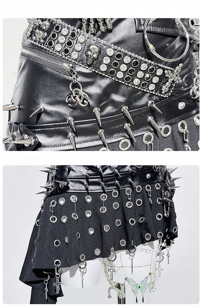 パンクなブラックリングクロススタッズアシンメトリーヘムスカート