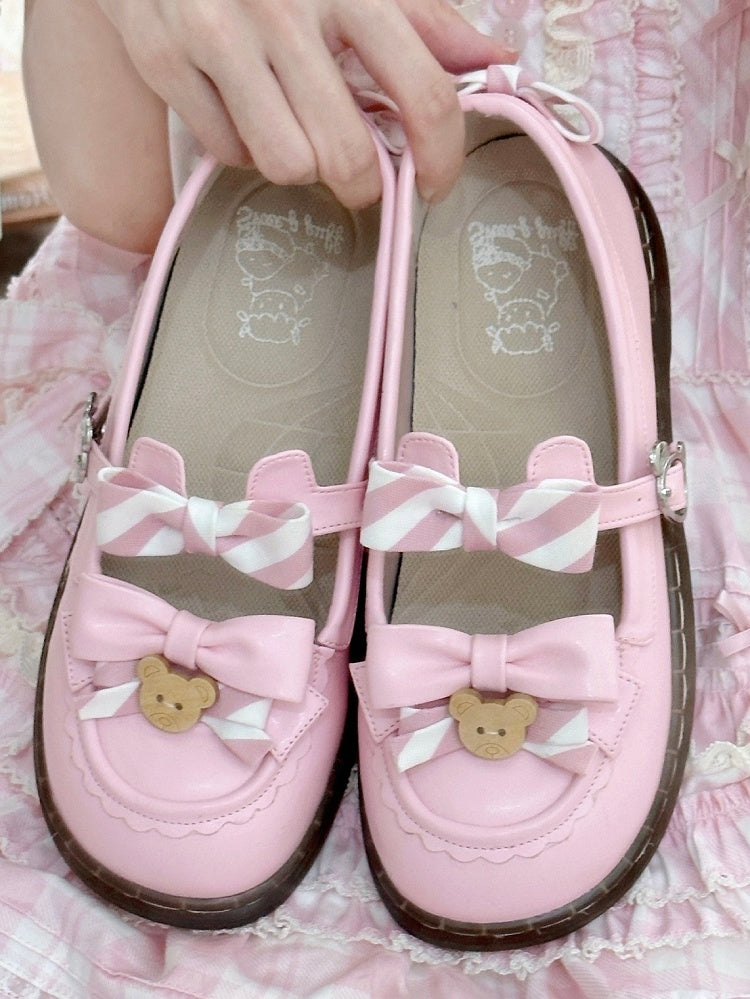 - 2cm Sweet with Uniform Striped Flats Pink Bow PU Lolita Sole