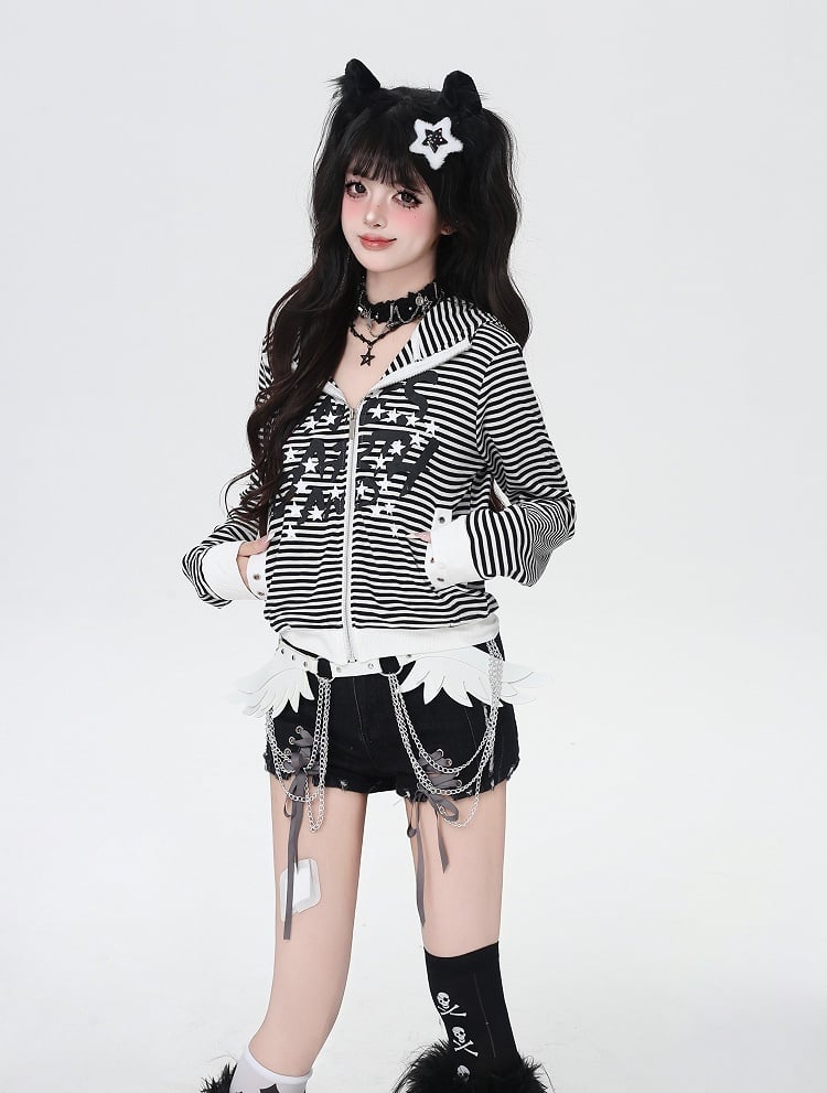 Letter White and Stripes Star Black Print Zip-up Jacket