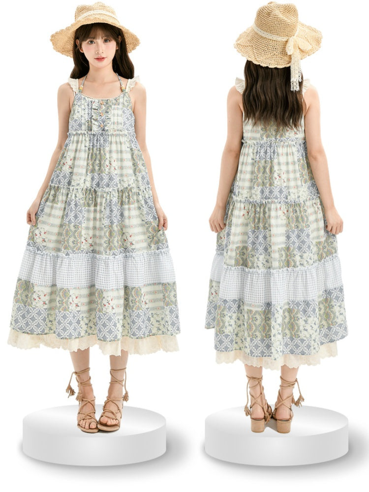 Mori Kei Green Halter Neck Patchwork Design Floral Dress