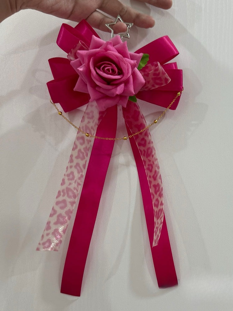 Design Red Hairclip/Keychain Rose Floral Bowknot Chain Charm